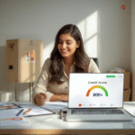 Indian businesswoman smiling at a desk with a laptop displaying a credit score meter showing 800+, representing strong business credit and financial health
